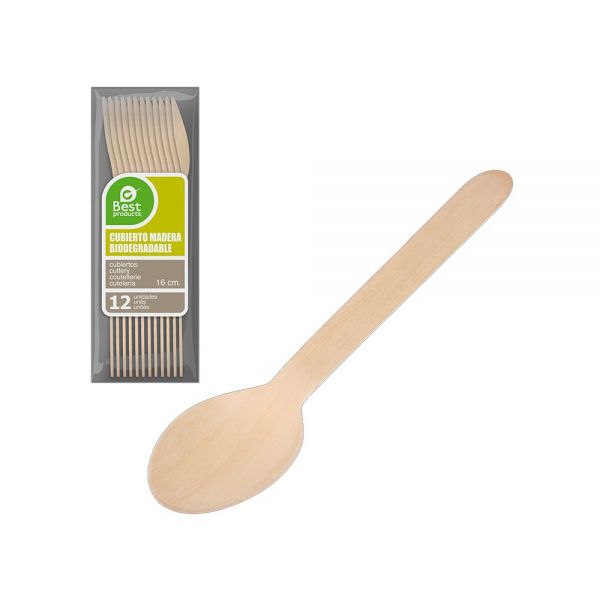 CUCHARA DE MADERA BIODEGRADABLE 16CM BLISTER 12UDS