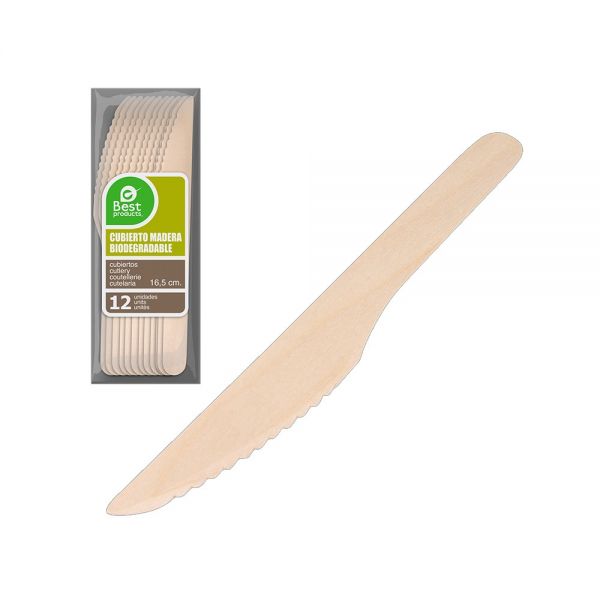 CUCHILLO DE MADERA BIODEGRADABLE 16.5CM BLISTER 12UDS