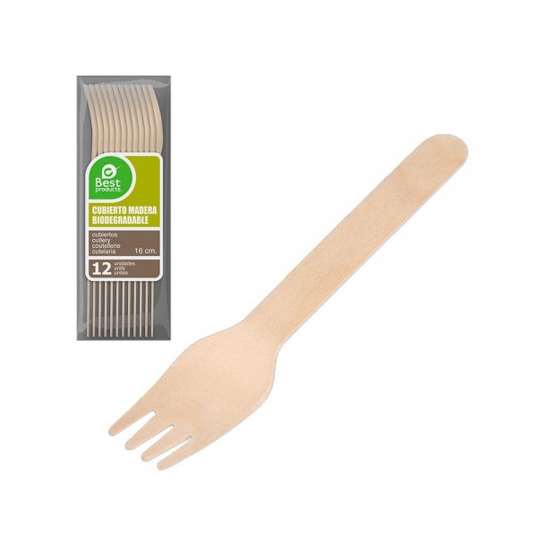 TENEDOR DE MADERA BIODEGRADABLE 16CM BLISTER 12UDS