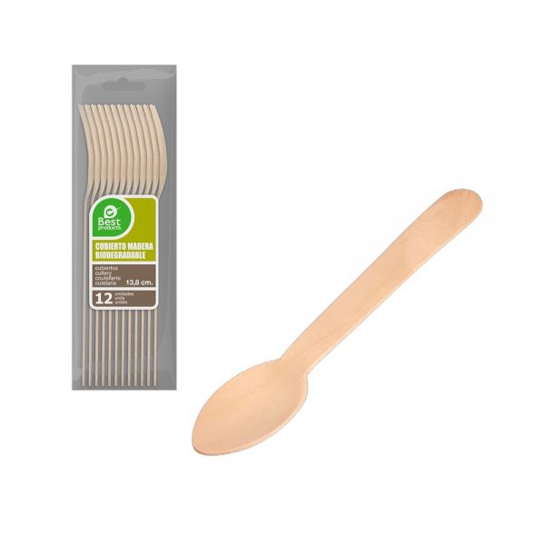 CUCHARILLA POSTRE DE MADERA BIODEGRADABLE 13.8CM BLISTER 12UDS